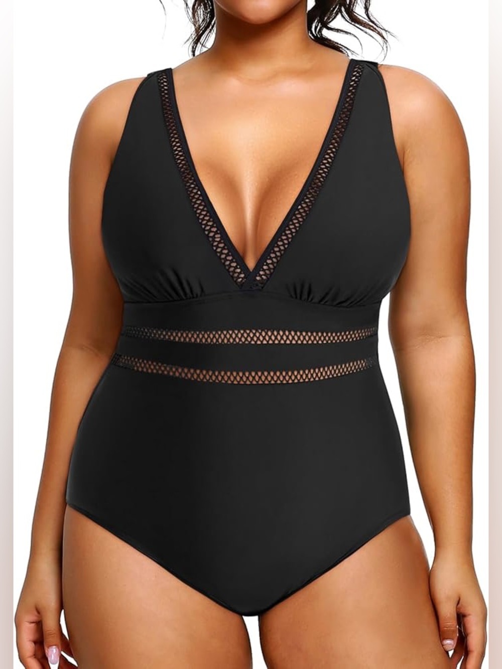 BloomChic Black One Piece Swimsuit 14/16 Mesh Cutout Plunge NWT